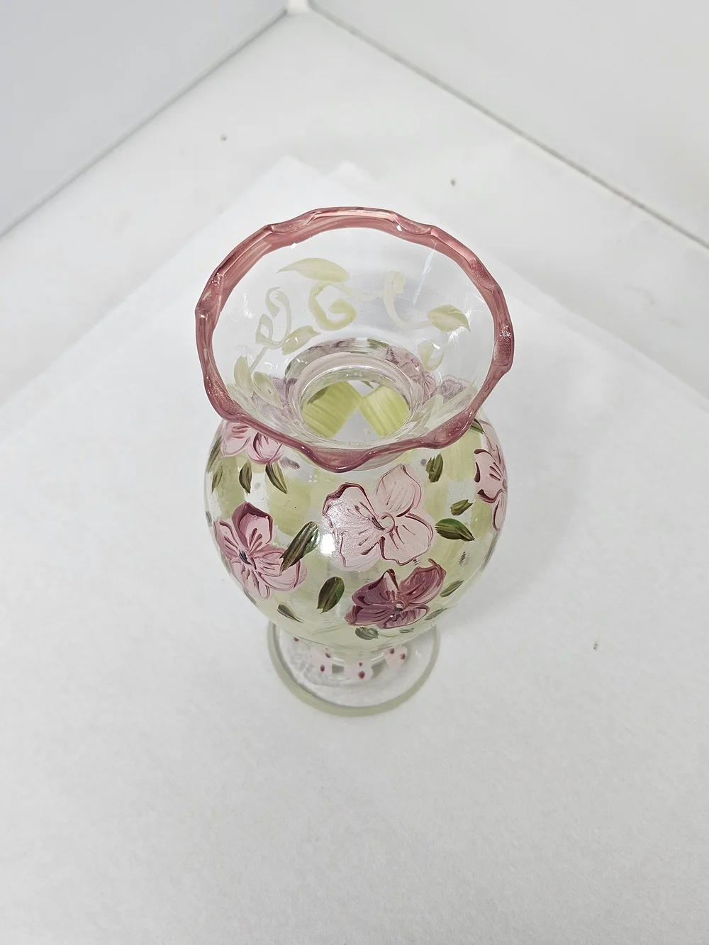 Vintage Tracey Porter Hand-Painted Glass Vase with Pink Floral Design